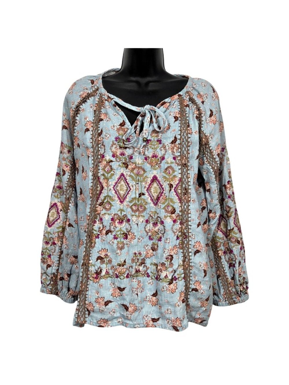 Sundance Top XS Blue Floral Embroidered Linen Oversized Boho Western Tunic